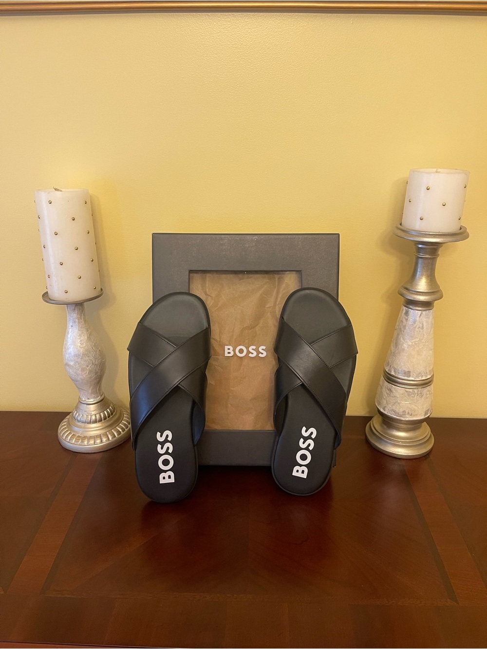 New men’s size 10 BOSS Black Crossband Slide Sandals